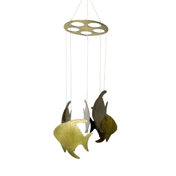 Vintage Brass 5 Tropical Fish Outdoor Wind Chime Made in Taiwan - Picture 2 of 8